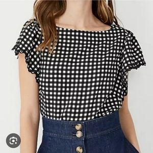 Ann Taylor Boat Neck Flutter Sleeve Buffalo Check Top